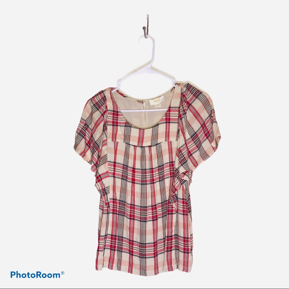 Anthro Maeve Blouse Plaid Flutter Sleeves‎ Plaid Sz S